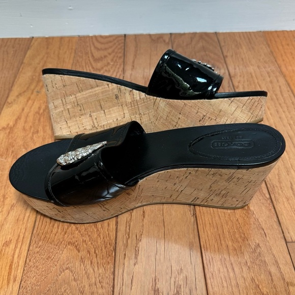 Coach Judith Patent Leather Cork Wedge Black Size 9.5 - Picture 6 of 11